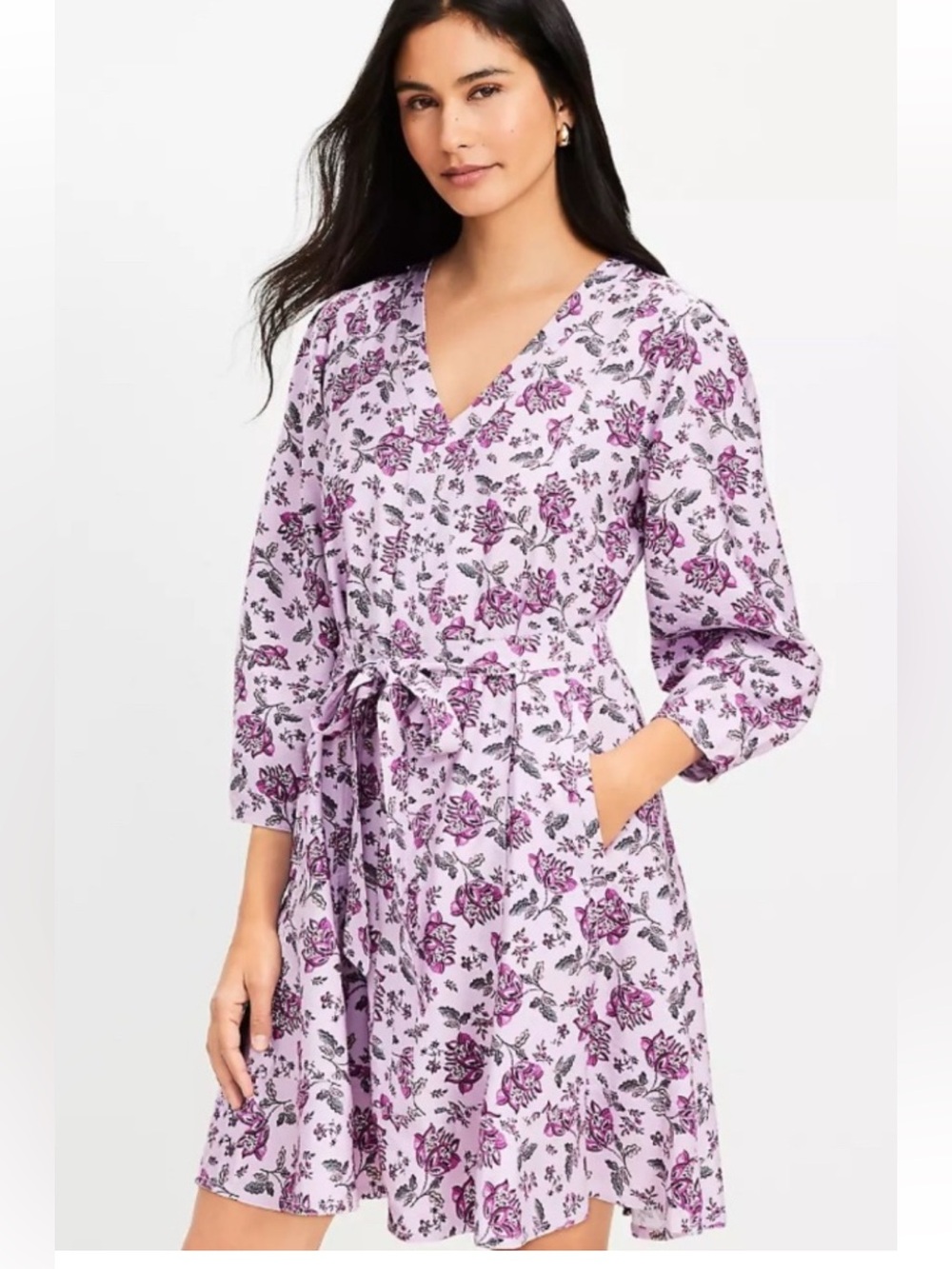 LOFT Lavender Floral Belted Dress – Size Medium